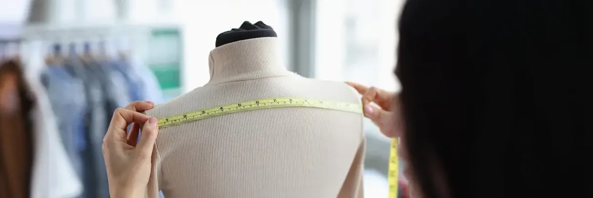Professionista del settore moda che misura un abito su un manichino, simboleggiando la precisione artigianale del Made in Italy