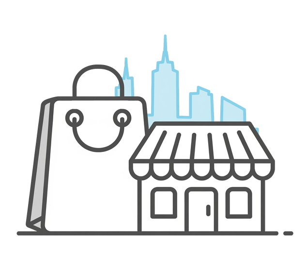 Icona: minimalista di una borsa della spesa e una boutique con dietro dei grattacieli di New York