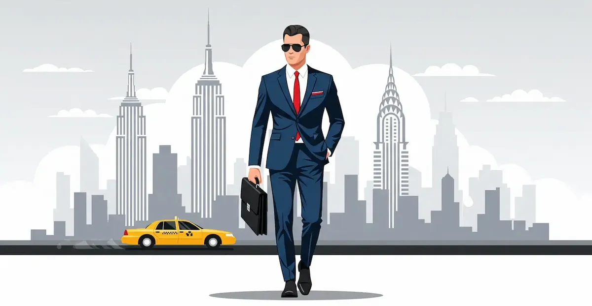 Un uomo elegante in un completo su misura passeggia per una strada di New York, simboleggiando la crescita della moda maschile in città