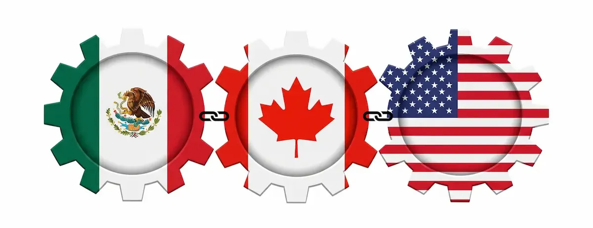  Ingranaggi con bandiere di Messico, Canada e USA collegati da catene, simbolo di collaborazione e integrazione economica (NAFTA/USMCA)
