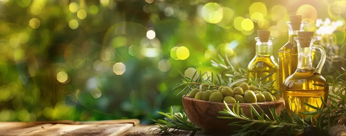 Scena rustica mediterranea con ciotola di olive fresche e bottiglie di olio d'oliva italiano, qualità per l'export negli Stati Uniti e California