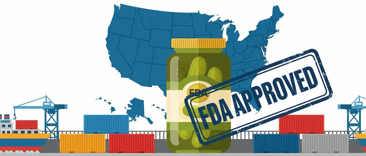 container prodotti alimentari con etichettate per l'esportazione negli Stati Uniti, simbolo del processo di certificazione FDA