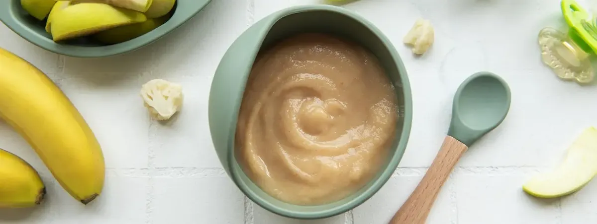 Una ciotola di pappa biologica con ingredienti freschi per neonati e un cucchiaio, che rappresenta la cura dei genitori