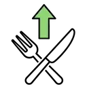 Icona: forchetta, coltello e freccia verde verso l'alto, rappresenta la crescita della ristorazione
