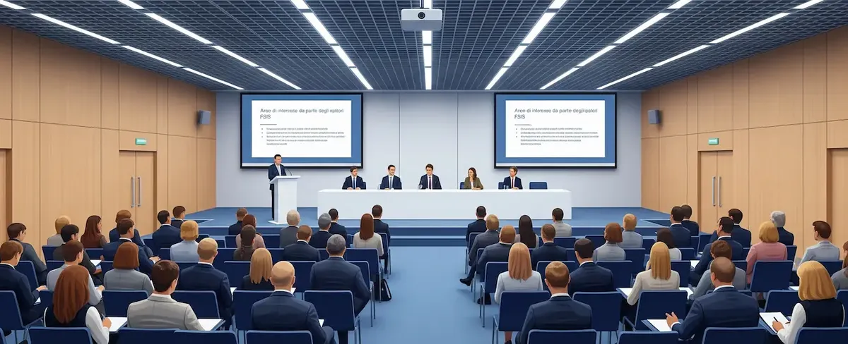 Sala conferenze con relatori e pubblico, con slide proiettate che illustrano le "Aree di interesse da parte degli ispettori FSIS"