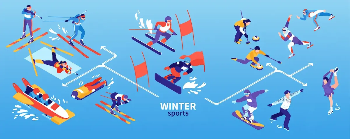 Illustrazione sport invernali, sciatori, snowboarder e biathlon per il mercato americano. Rappresenta la varietà e il dinamismo degli sport invernali, con riferimenti alle discipline olimpiche