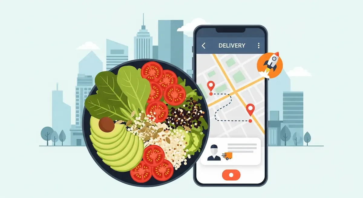 Illustrazione che rappresenta il boom delle startup alimentari negli USA, con una ciotola di cibo sano, un telefono per le consegne a domicilio e un razzo che simboleggia la crescita