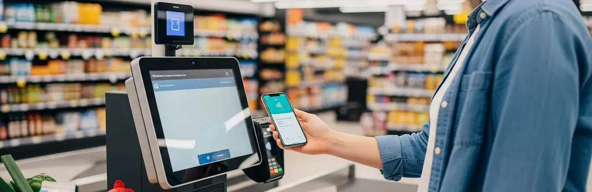Cliente che usa una cassa automatica in un supermercato americano, a rappresentare le tendenze del commercio al dettaglio
