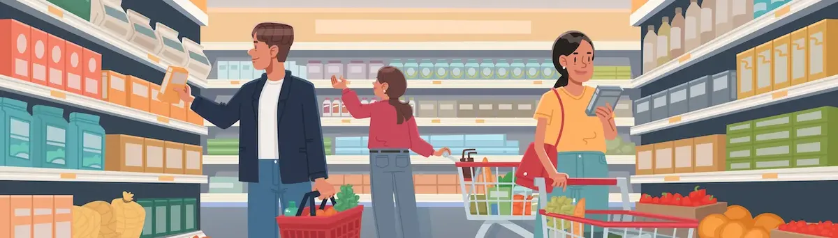 illustrazione di una corsia di supermercato con tre persone che fanno la spesa, consultando prodotti, riflettendo l'attenzione dei consumatori sulle etichette