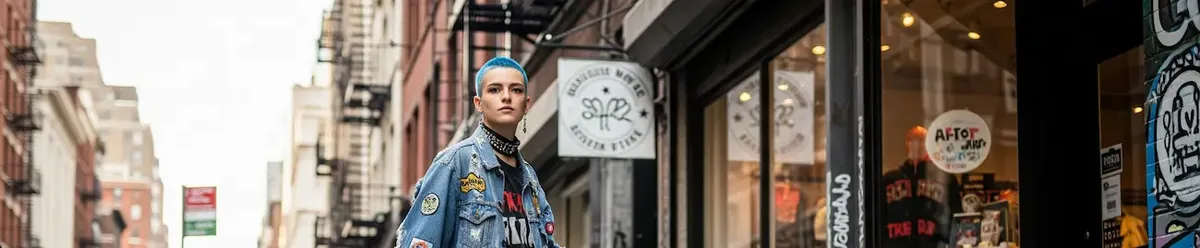 Street fashion a New York City con una persona che cammina davanti a una boutique indipendente