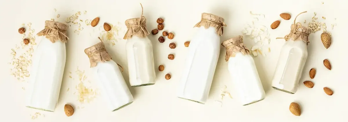 Bottiglie di vetro con diversi tipi di latte vegetale (mandorla, avena, riso, cocco) e ingredienti sparsi, a simboleggiare la genuinità del prodotto