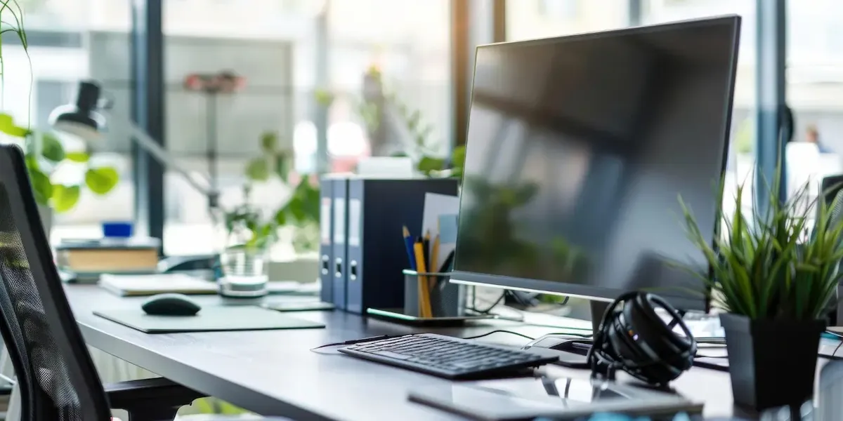 Postazione di lavoro moderna e funzionale in un ufficio luminoso, che simboleggia l'ambiente di lavoro ideale per un'azienda a New York