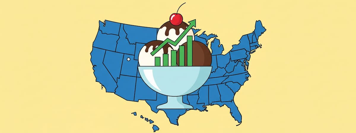 Illustrazione in stile flat di una coppa di gelato su una mappa degli USA, che rappresenta l'acquisizione di un'azienda americana e la crescita del mercato del gelato