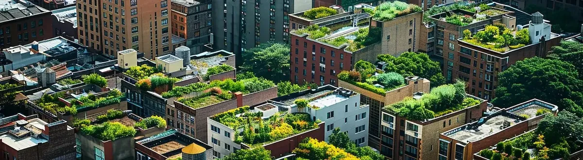 Giardini e orti su tetti di grattacieli in una città, che rappresentano l'agricoltura urbana e la sostenibilità