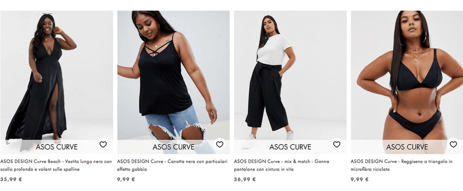 Asos Curve è la sezione dedicata alle taglie comode Grande richiesta nel settore della moda in America di assortimento di taglie forti